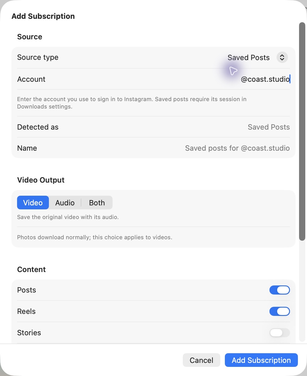 The PostShelf subscription sheet showing a Saved Posts source, account field and video output controls.