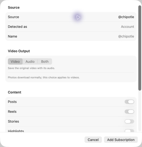 The PostShelf subscription sheet with source, video output, content and schedule controls.