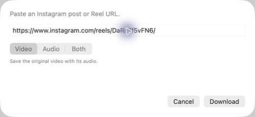 The PostShelf URL sheet with a pasted Reel link and Video, Audio and Both output choices.